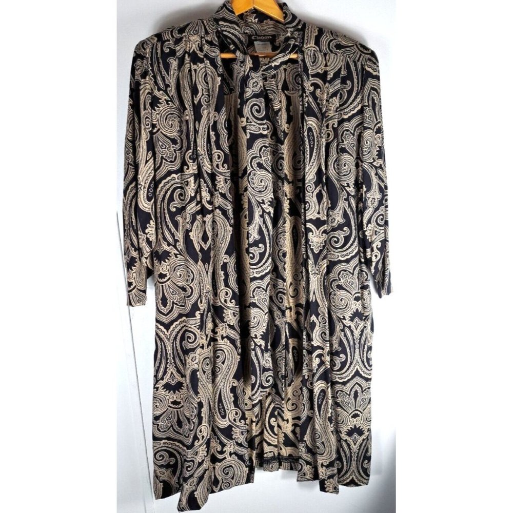 Women's Vintage 80s Cardigan Blazer Open Front Tie Neckline Gold Black Pocket XL